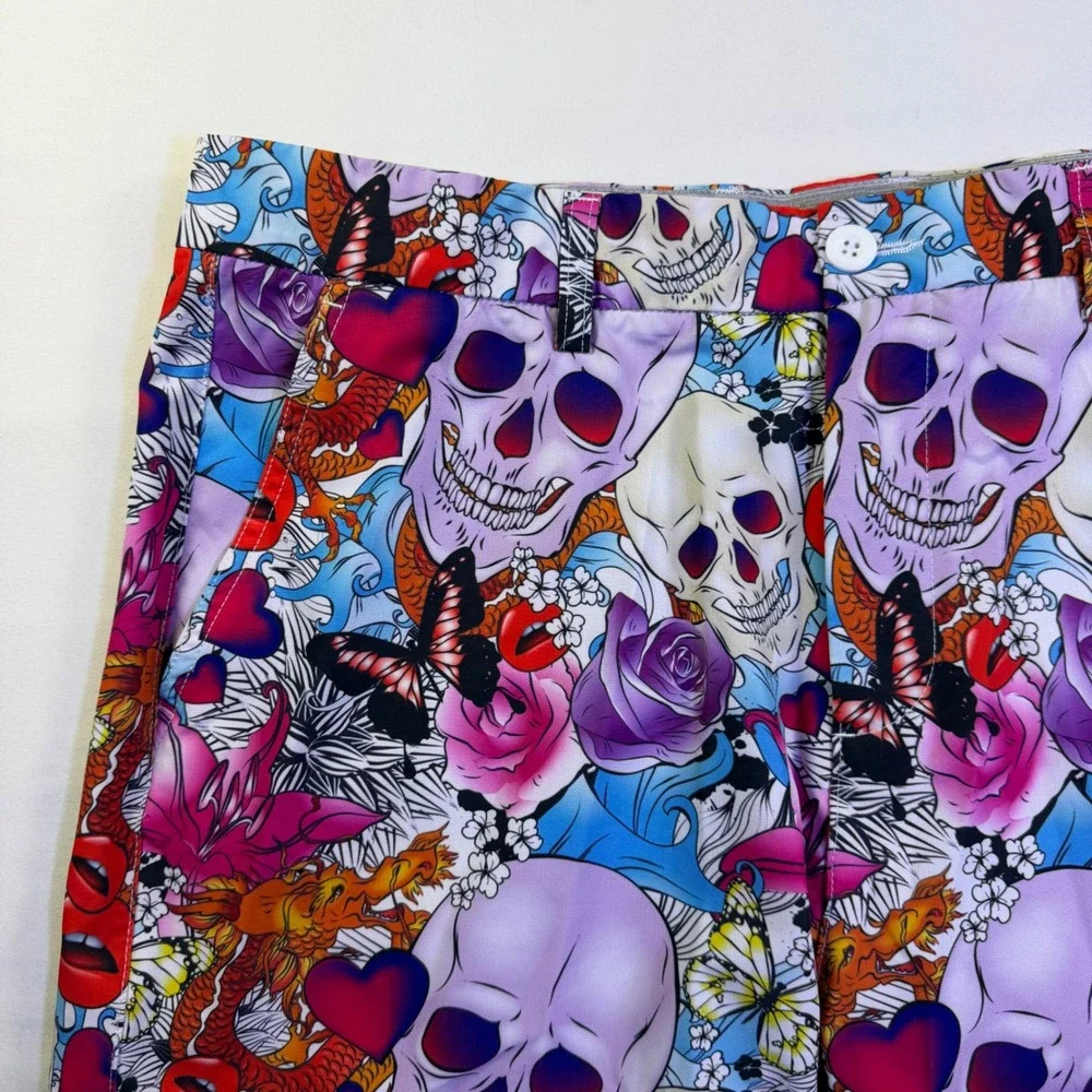Hreski Mens Golf Shorts Size 36 Skull Dragon Floral Graphic Print Performance